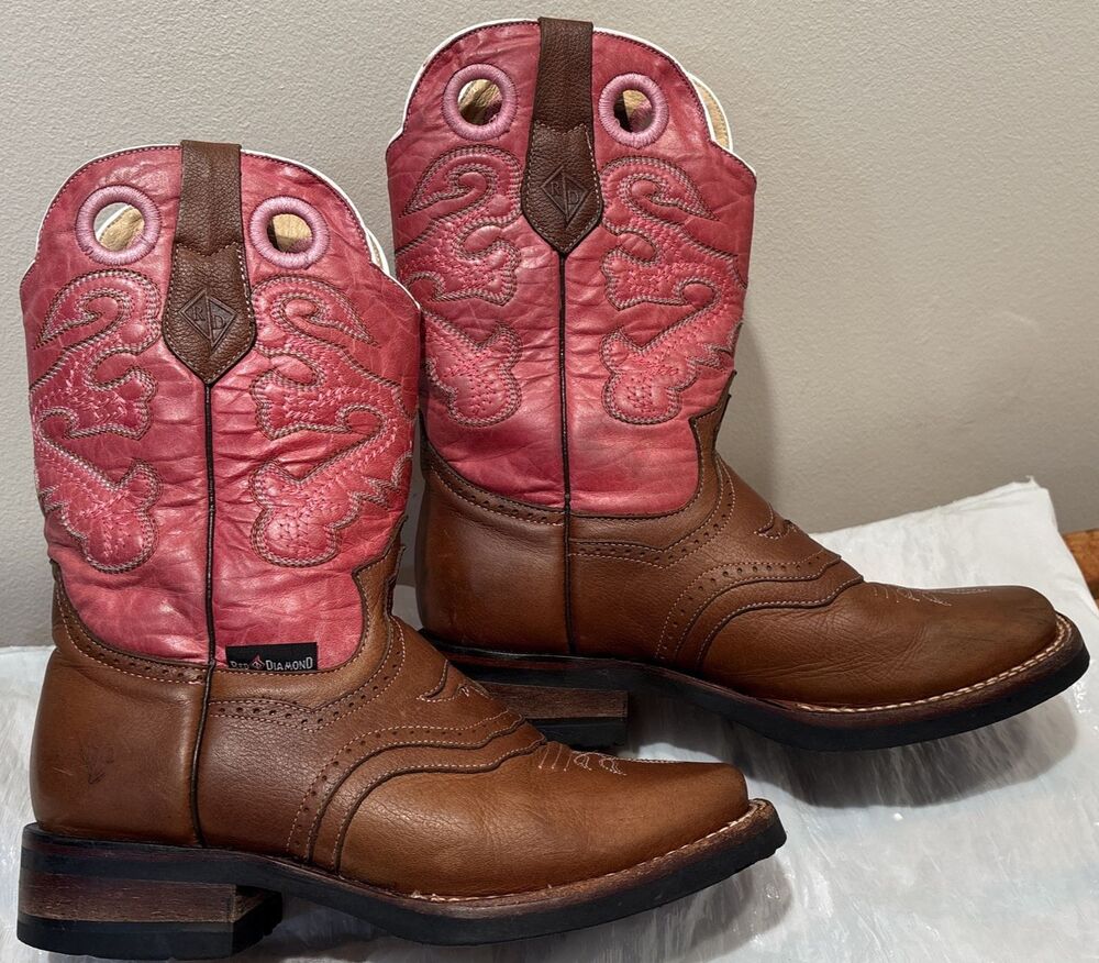 Red Diamond Western Cowgirl Leather Boots Brown Pink Embroidered Women's Sz 4.5